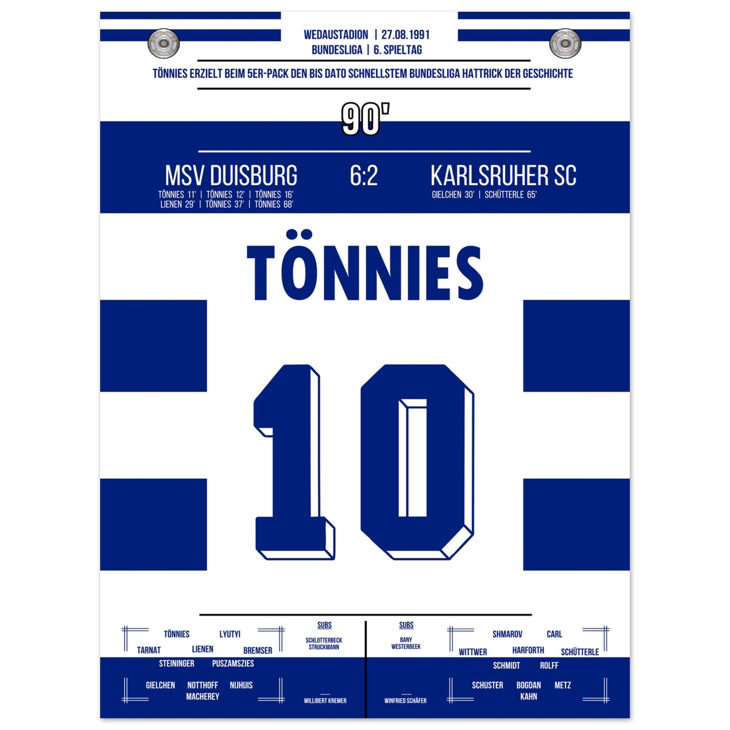 Tönnies Rekord-Hattrick bei 5-Tore Galavorstellung gegen den KSC in 1991 30x40-cm-12x16-Ohne-Rahmen