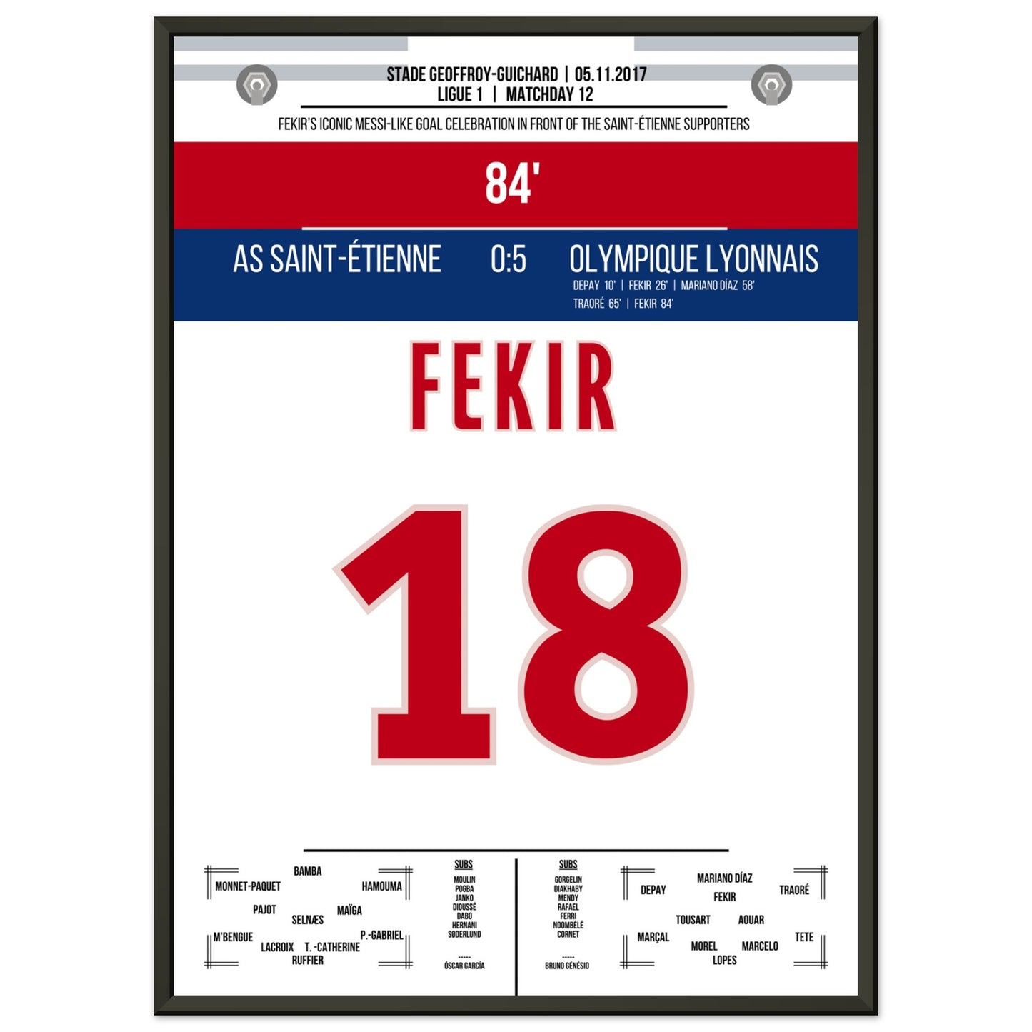 Fekir's Torjubel gegen Saint-Etienne in 2017 50x70-cm-20x28-Schwarzer-Aluminiumrahmen