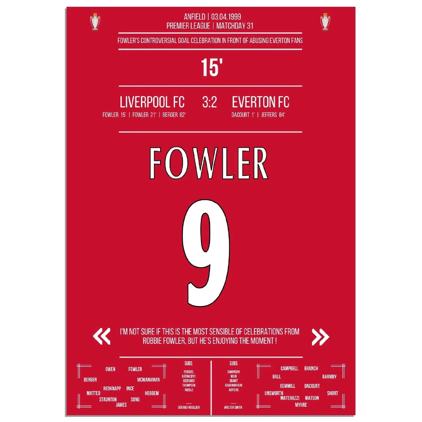 Fowlers außergewöhnlicher Torjubel Liverpool - Everton 1999 Premier League Merseyside Derby
