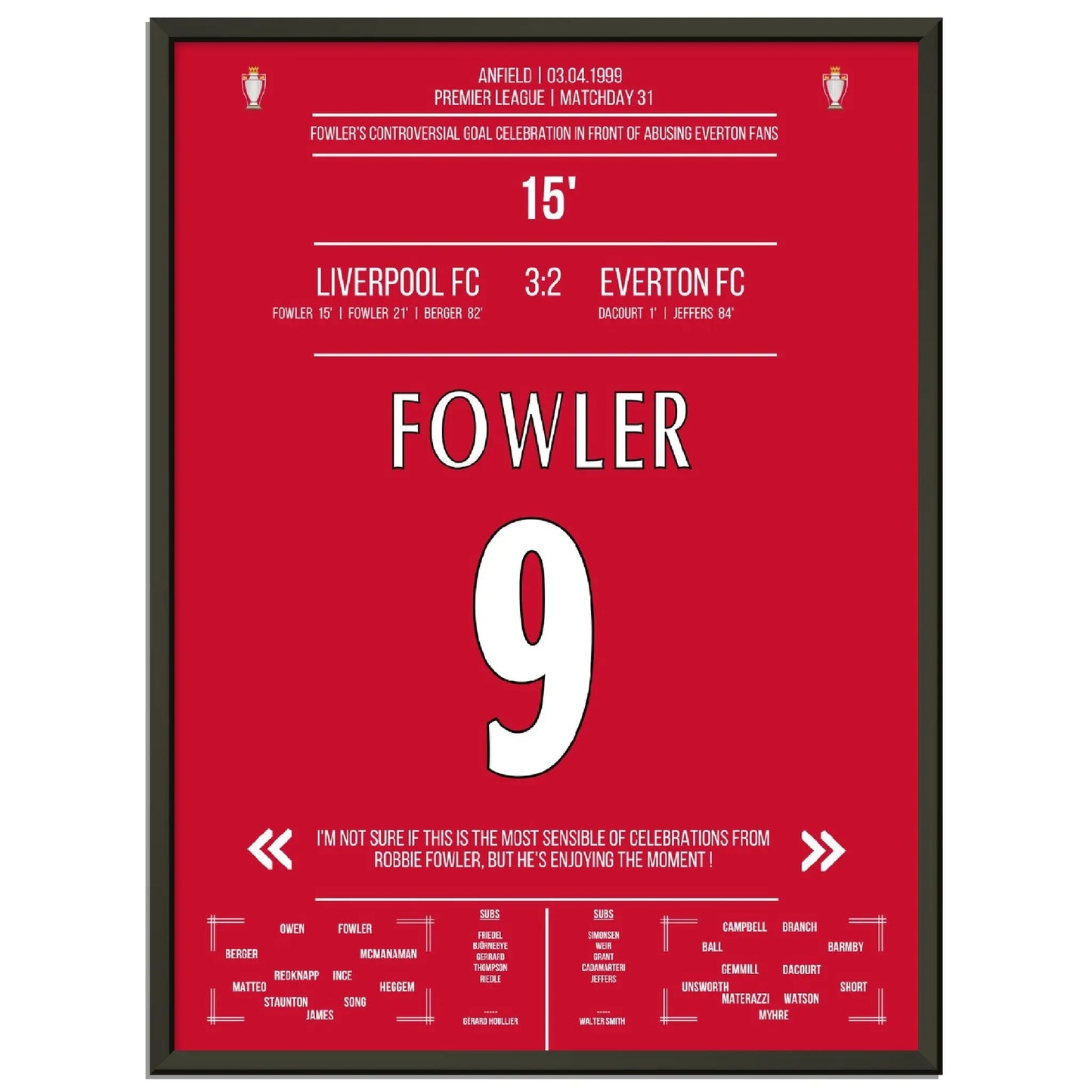 Fowlers außergewöhnlicher Torjubel Liverpool - Everton 1999 Premier League Merseyside Derby