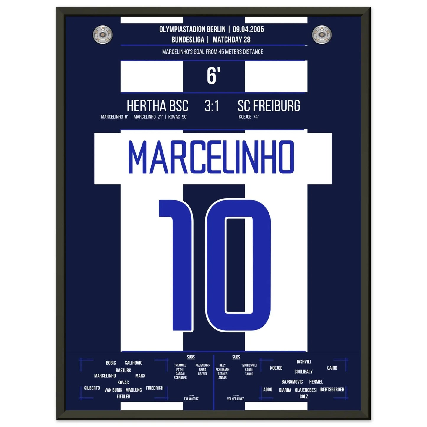 Marcelinho's Traumtor aus 45 Metern gegen Freiburg 45x60-cm-18x24-Schwarzer-Aluminiumrahmen