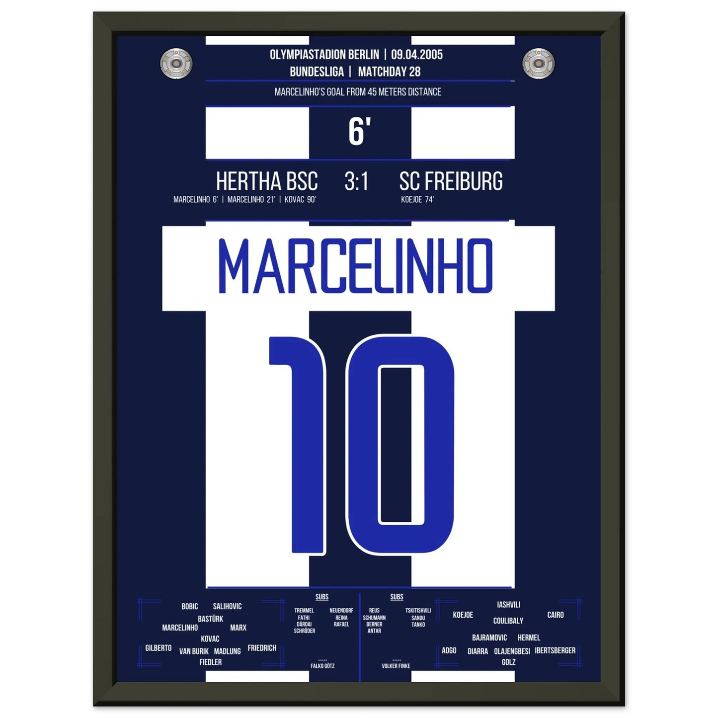Marcelinho's Traumtor aus 45 Metern gegen Freiburg 30x40-cm-12x16-Schwarzer-Aluminiumrahmen