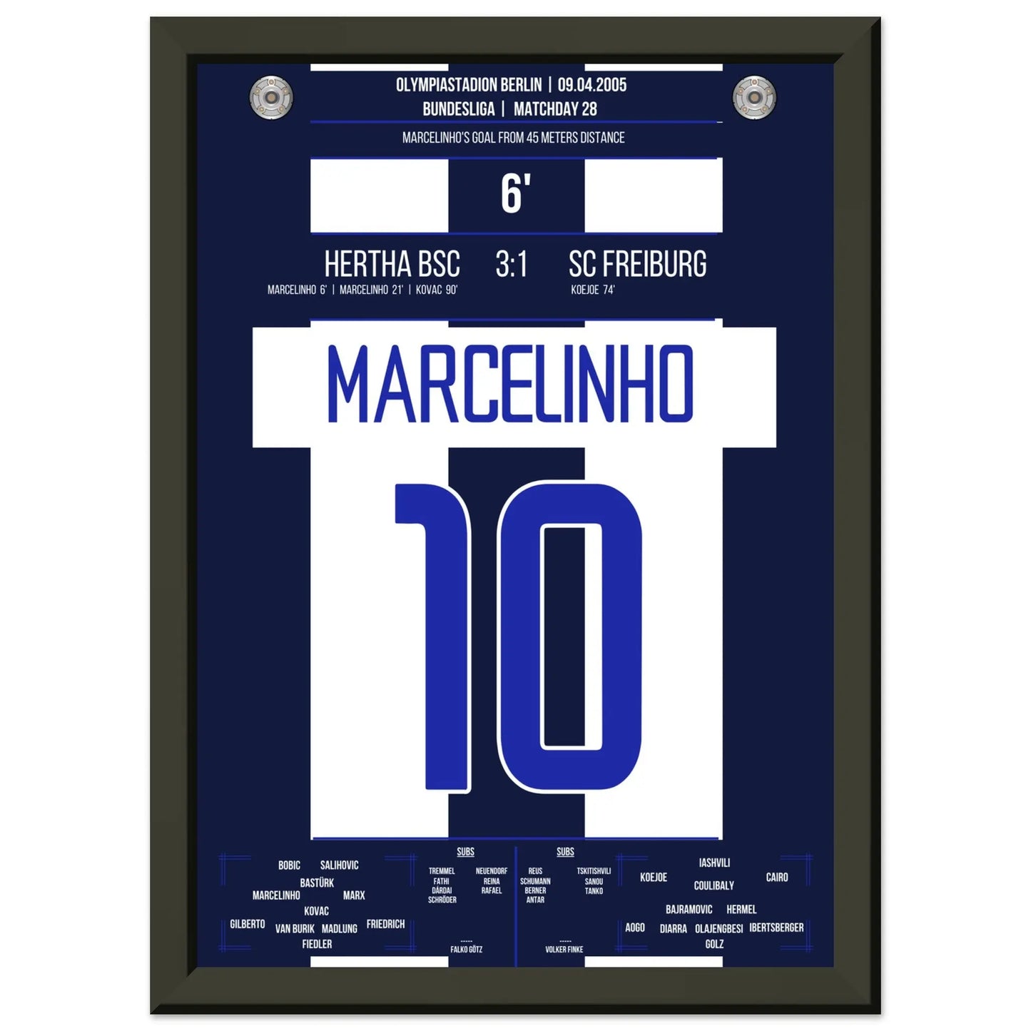 Marcelinho's Traumtor aus 45 Metern gegen Freiburg A4-21x29.7-cm-8x12-Schwarzer-Aluminiumrahmen