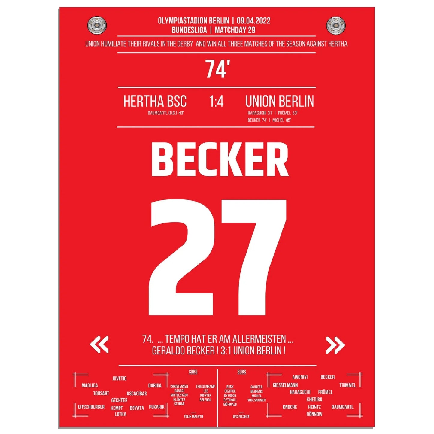 Union mit dem dritten Derbysieg der Saison 21/22 gegen Hertha