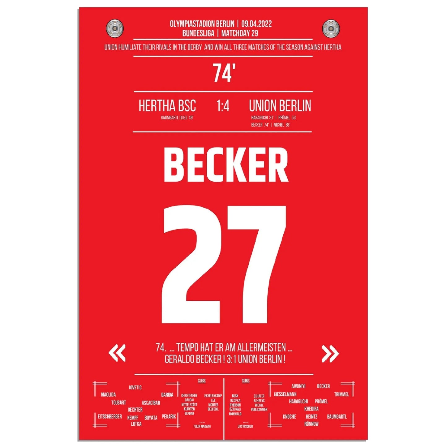 Union mit dem dritten Derbysieg der Saison 21/22 gegen Hertha