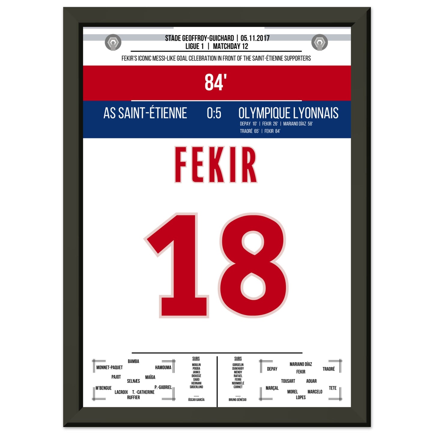 Fekir's Torjubel gegen Saint-Etienne in 2017 A4-21x29.7-cm-8x12-Schwarzer-Aluminiumrahmen