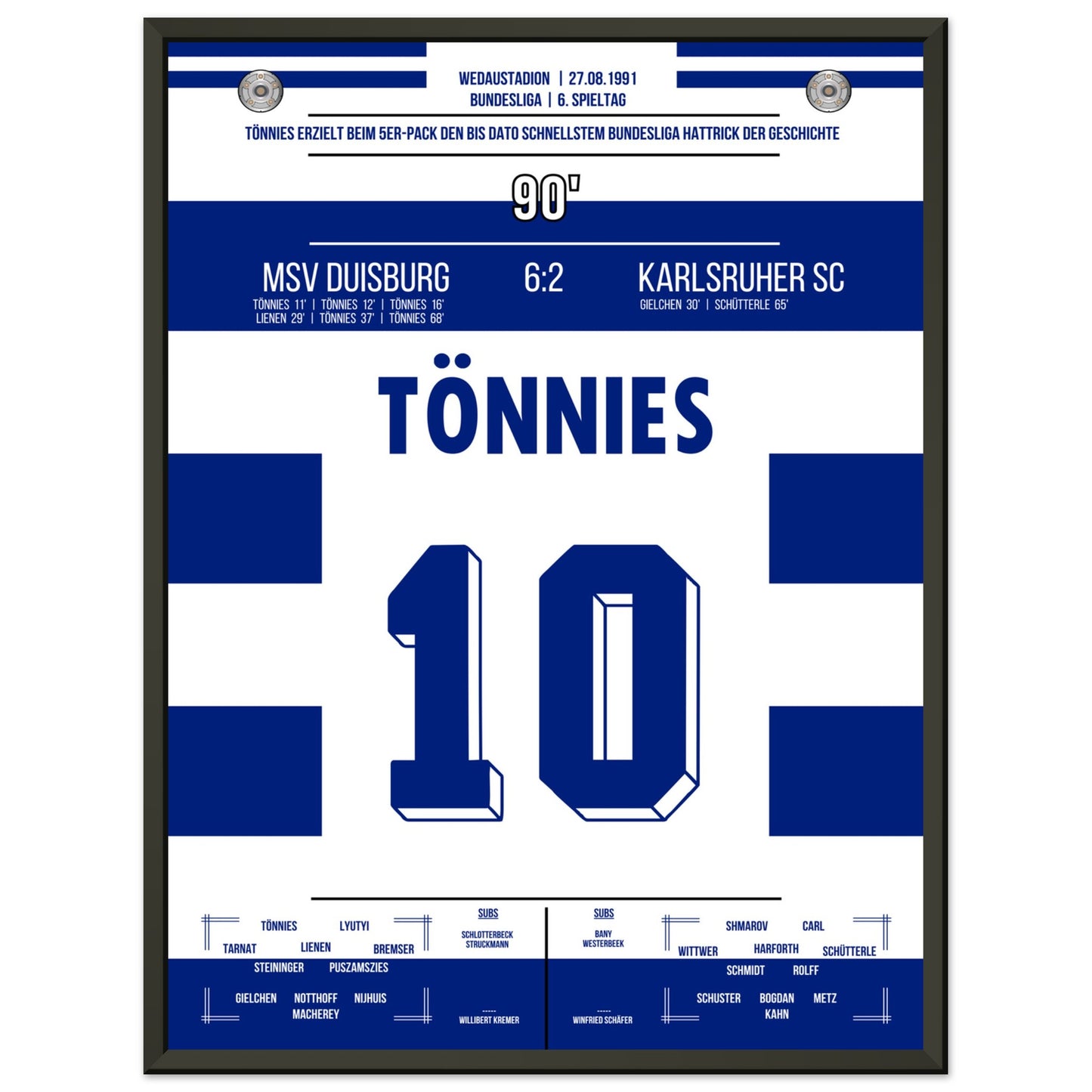 Tönnies Rekord-Hattrick bei 5-Tore Galavorstellung gegen den KSC in 1991 45x60-cm-18x24-Schwarzer-Aluminiumrahmen
