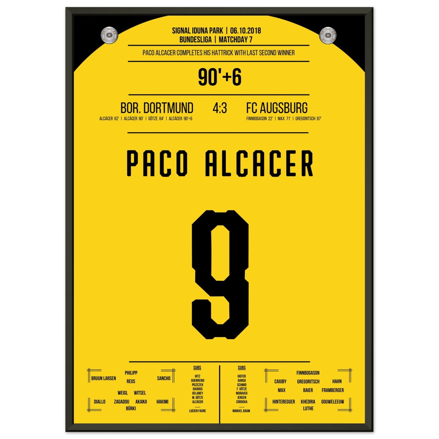 Alcacer's perfekter Last-Minute-Freistoß zum Sieg gegen Augsburg 2018 50x70-cm-20x28-Schwarzer-Aluminiumrahmen