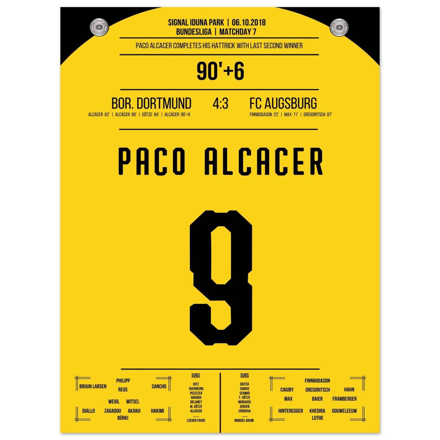 Alcacer's perfekter Last-Minute-Freistoß zum Sieg gegen Augsburg 2018 45x60-cm-18x24-Ohne-Rahmen