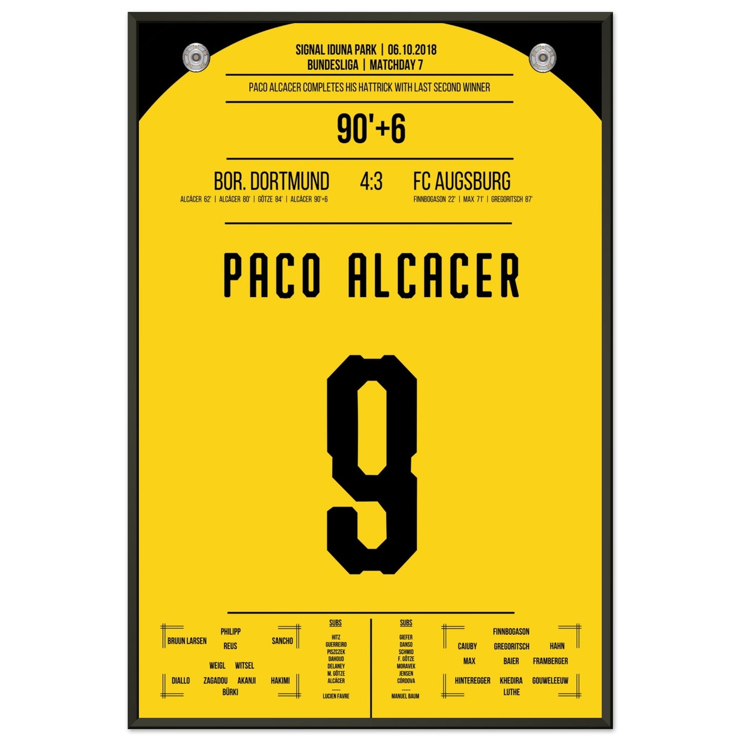 Alcacer's perfekter Last-Minute-Freistoß zum Sieg gegen Augsburg 2018 60x90-cm-24x36-Schwarzer-Aluminiumrahmen