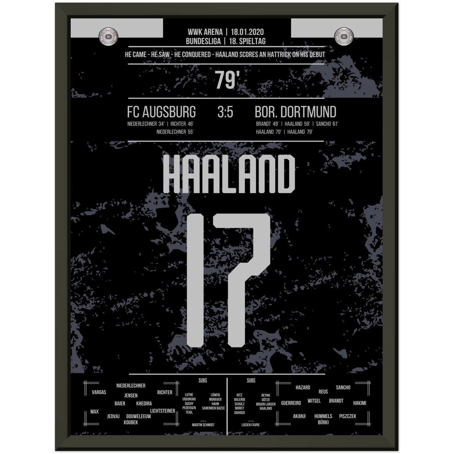 Haaland-Hattrick beim Bundesliga-Debüt in 2020 30x40-cm-12x16-Schwarzer-Aluminiumrahmen