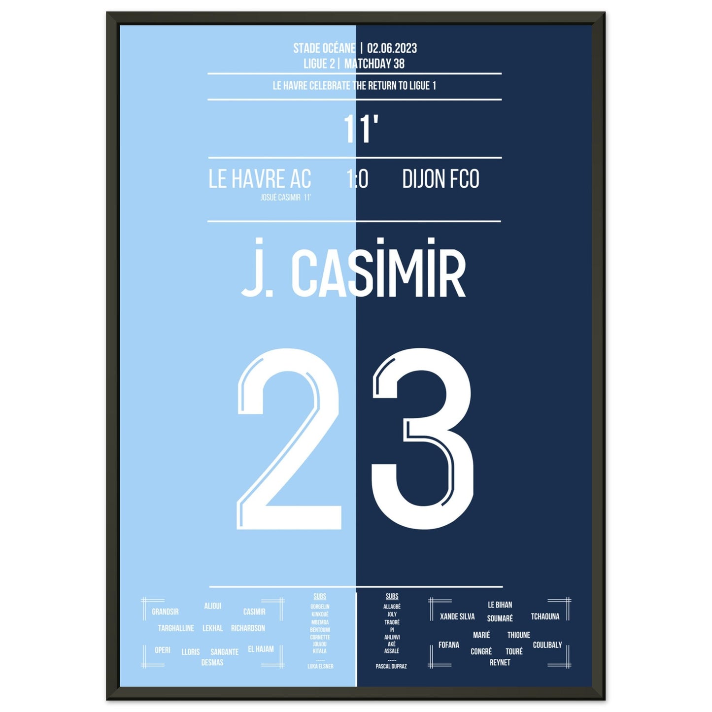 Le Havre schafft die Rückkehr in die Ligue 1 in 2023 50x70-cm-20x28-Schwarzer-Aluminiumrahmen