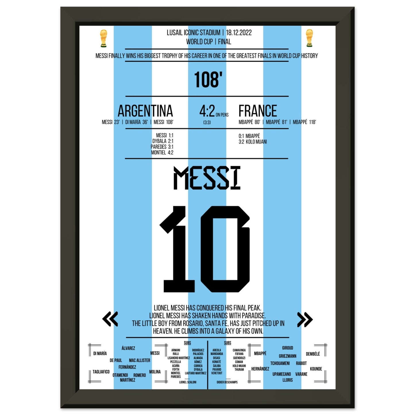 Messi macht sich unsterblich beim Gewinn der WM 2022 A4-21x29.7-cm-8x12-Schwarzer-Aluminiumrahmen