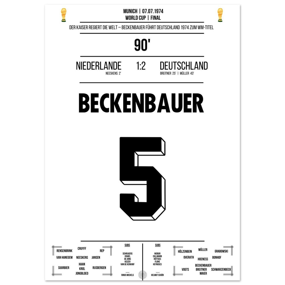 Beckenbauer leads Germany to their second World Cup title in 1974.