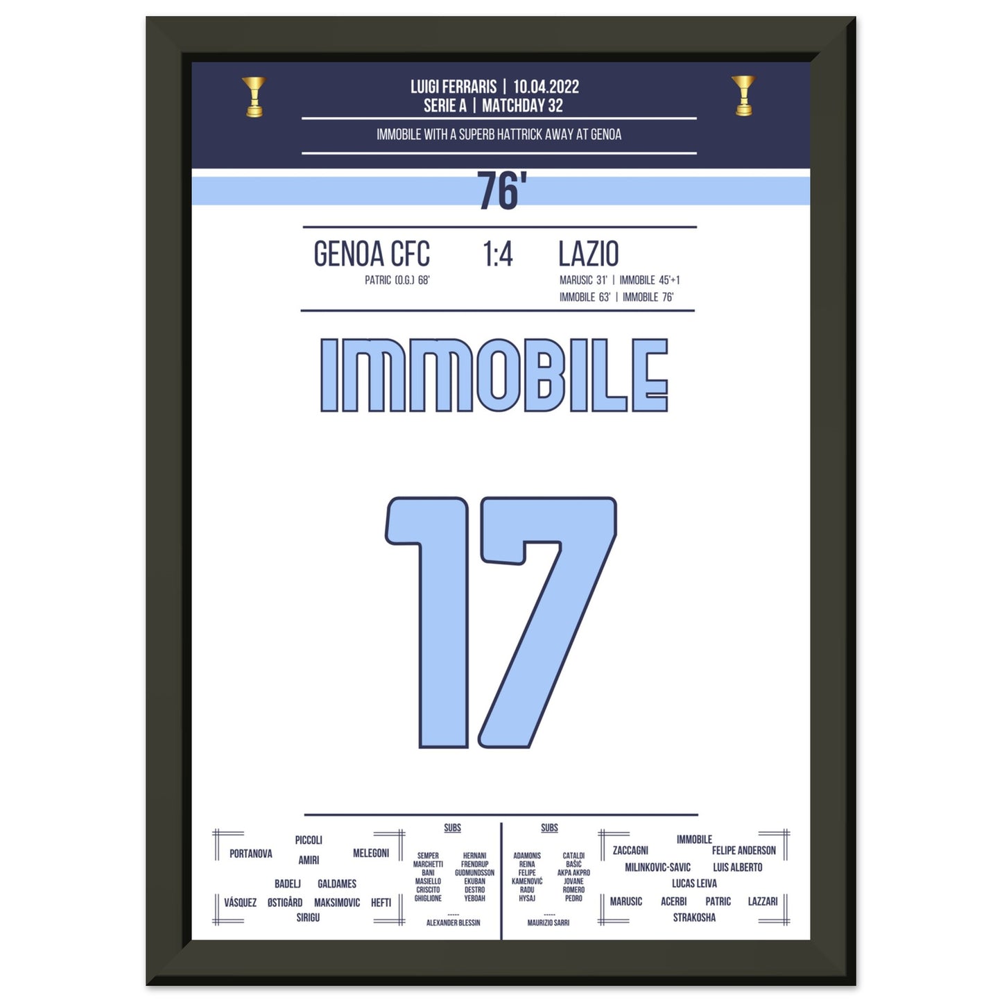 Immobile-Hattrick beim Auswärtssieg gegen Genua in 2022 A4-21x29.7-cm-8x12-Schwarzer-Aluminiumrahmen