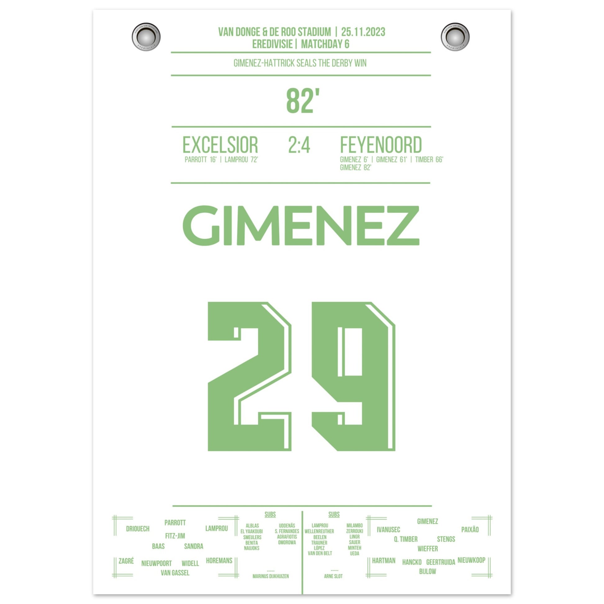 Gimenez-Hattrick beim Derby Sieg gegen Excelsior 50x70-cm-20x28-Ohne-Rahmen