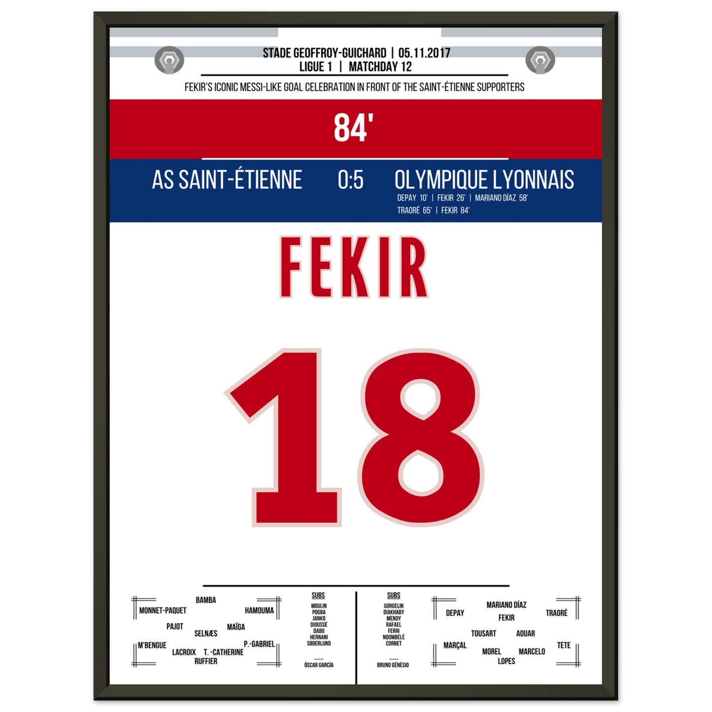 Fekir's Torjubel gegen Saint-Etienne in 2017 45x60-cm-18x24-Schwarzer-Aluminiumrahmen