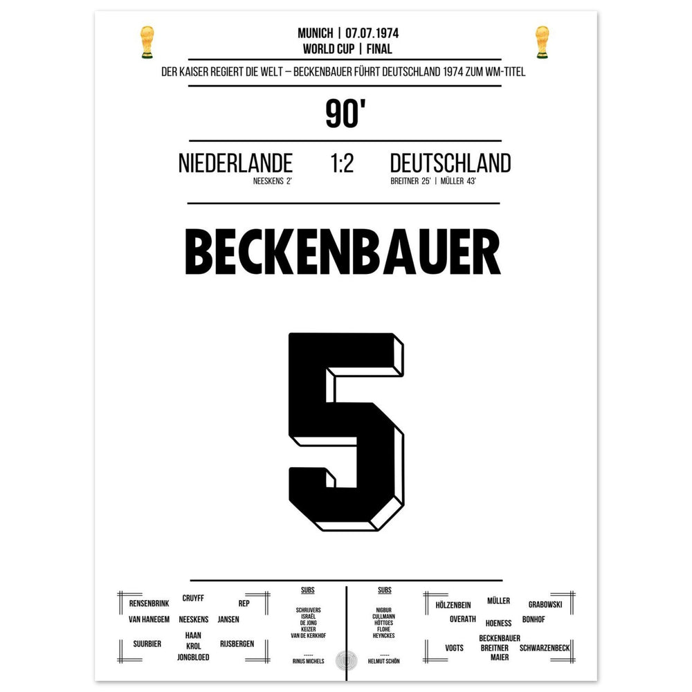 Beckenbauer leads Germany to their second World Cup title in 1974.