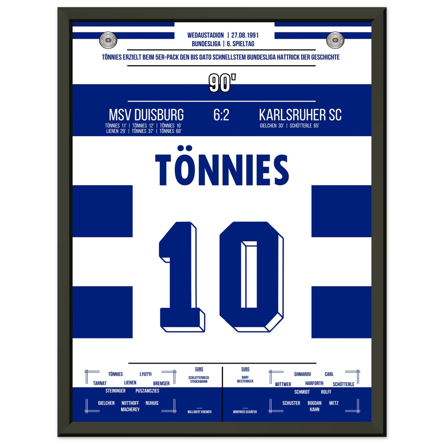 Tönnies Rekord-Hattrick bei 5-Tore Galavorstellung gegen den KSC in 1991 30x40-cm-12x16-Schwarzer-Aluminiumrahmen