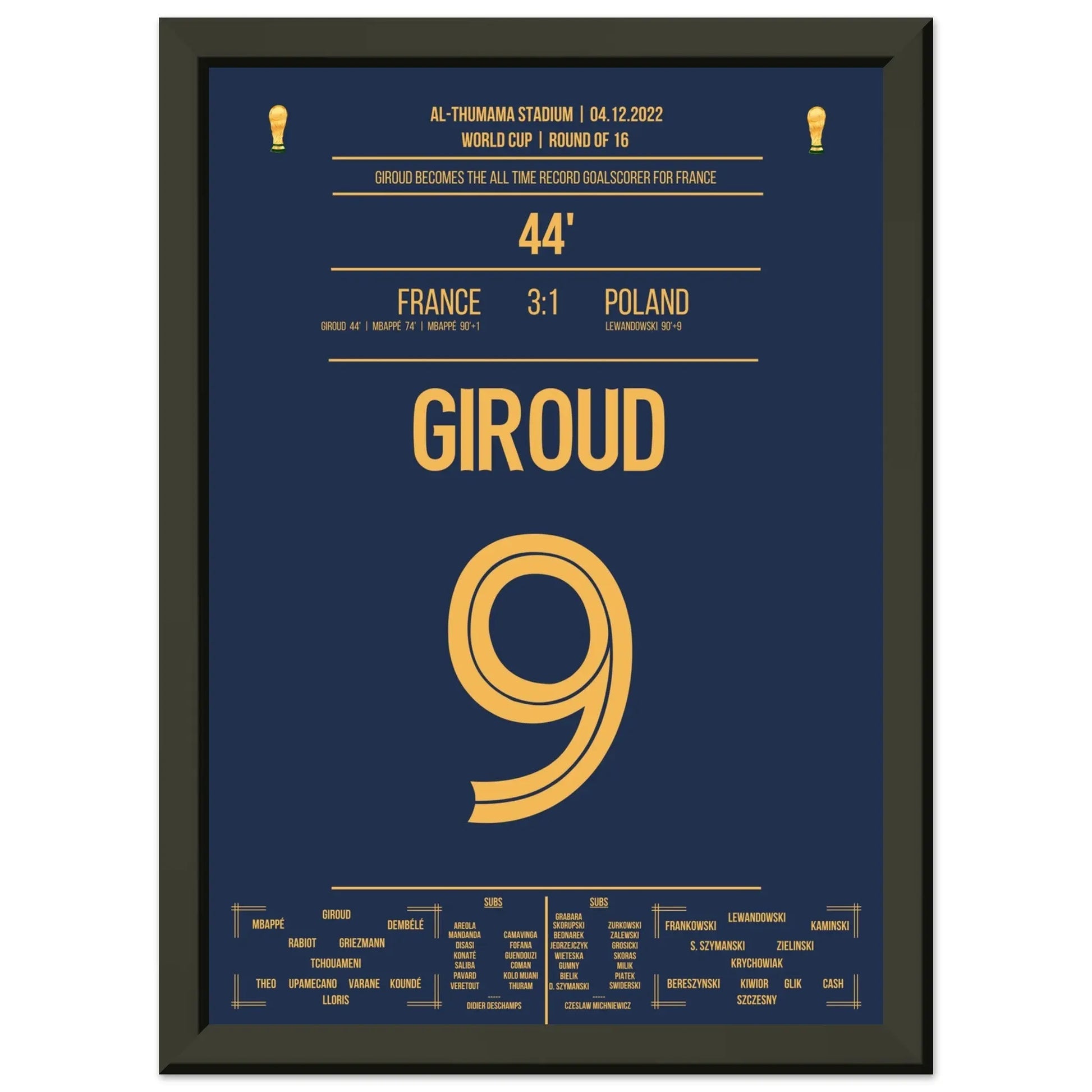Giroud's Rekord-Tor für Frankreich bei der WM 2022 gegen Polen A4-21x29.7-cm-8x12-Schwarzer-Aluminiumrahmen