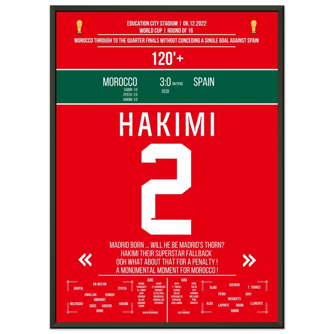Marokko schafft die Sensation gegen Spanien bei der WM 2022 50x70-cm-20x28-Schwarzer-Aluminiumrahmen