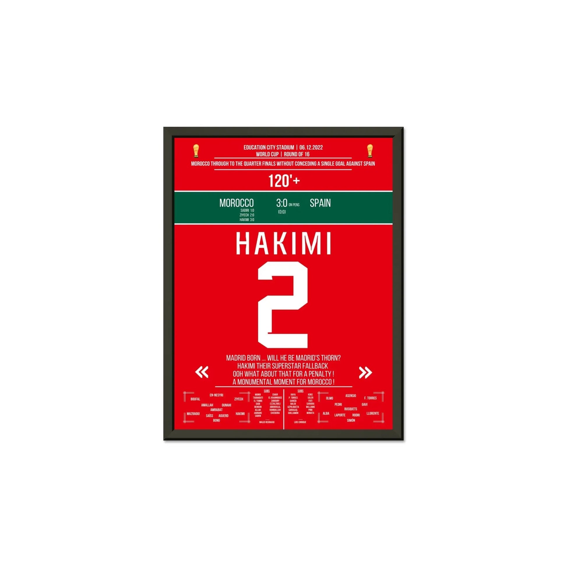 Marokko schafft die Sensation gegen Spanien bei der WM 2022 30x40-cm-12x16-Schwarzer-Aluminiumrahmen