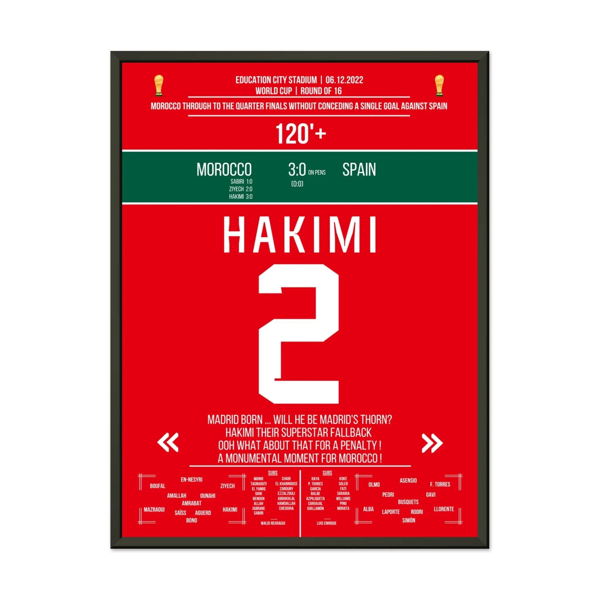 Marokko schafft die Sensation gegen Spanien bei der WM 2022 45x60-cm-18x24-Schwarzer-Aluminiumrahmen