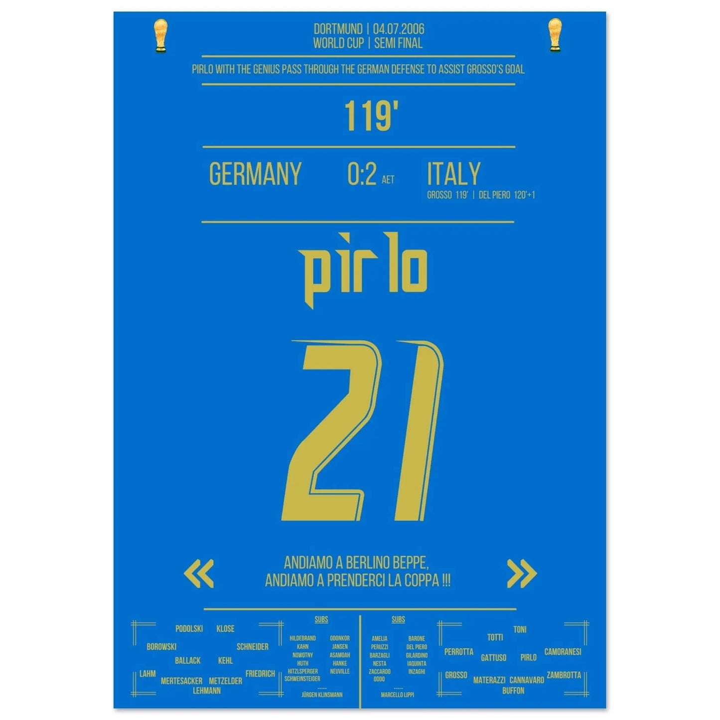 Il passaggio da sogno di Pirlo attraverso la difesa tedesca per il 1:0 di Grosso