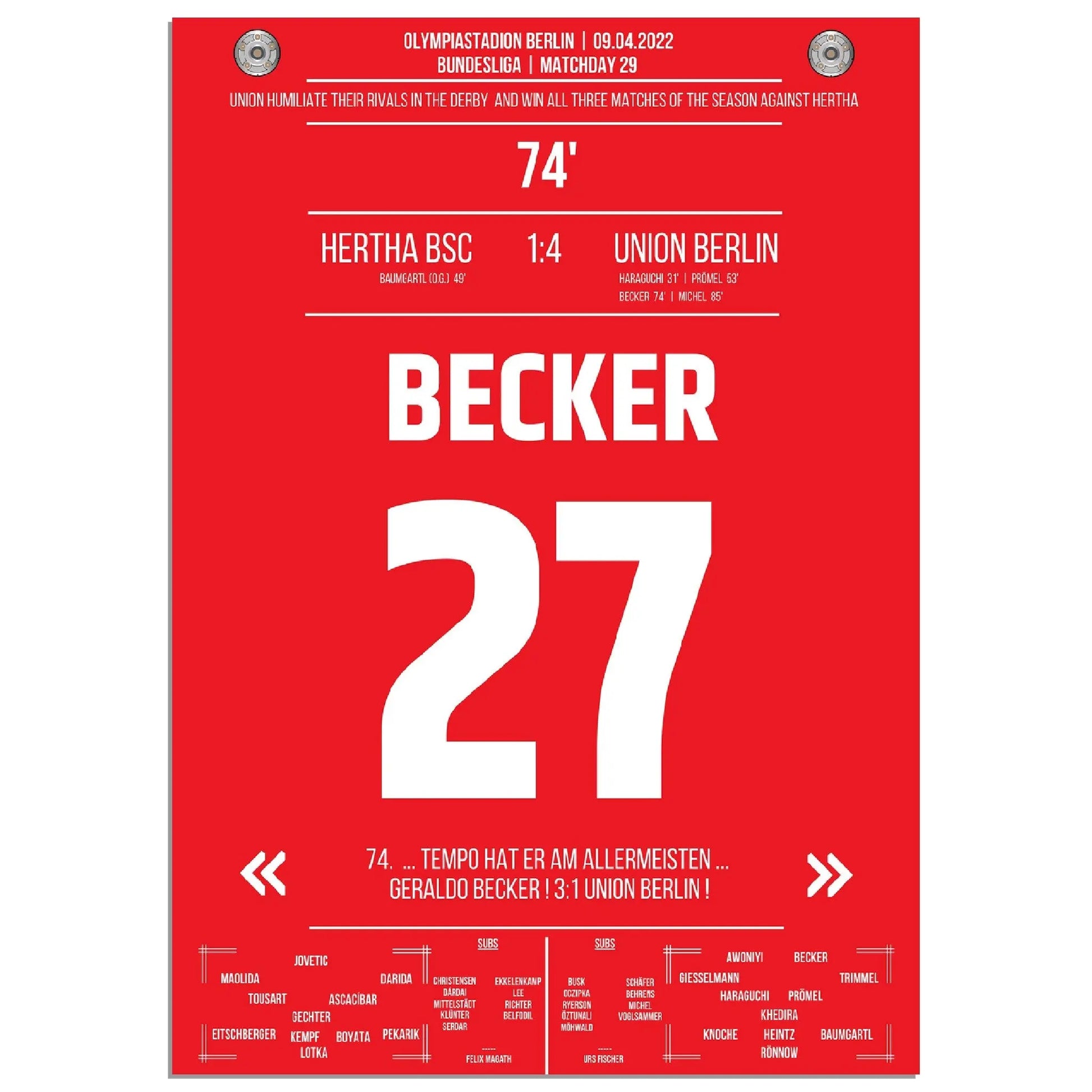 Union mit dem dritten Derbysieg der Saison 21/22 gegen Hertha 