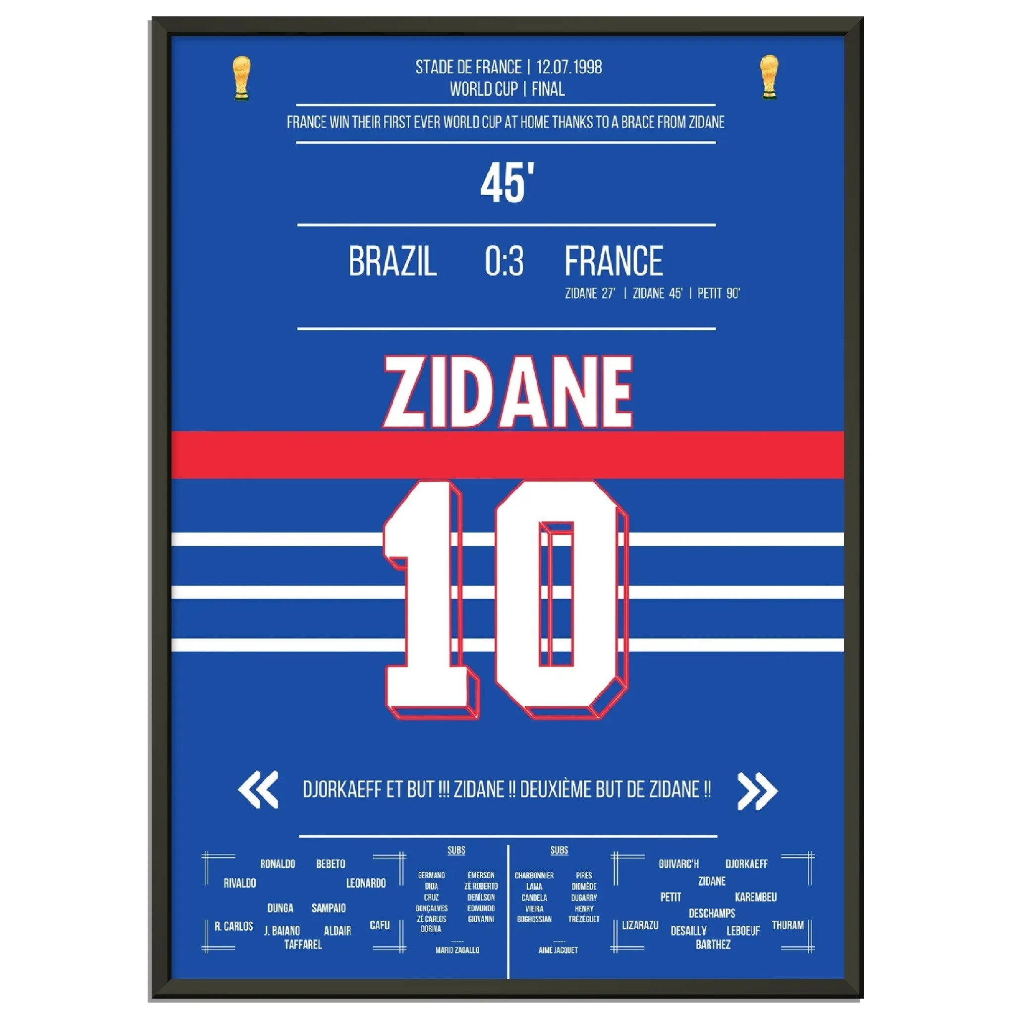 Zidane Kopfball-Doppelpack zu Frankreichs ersten WM Titel 1998 gegen Brasilien 50x70-cm-20x28-Schwarzer-Aluminiumrahmen