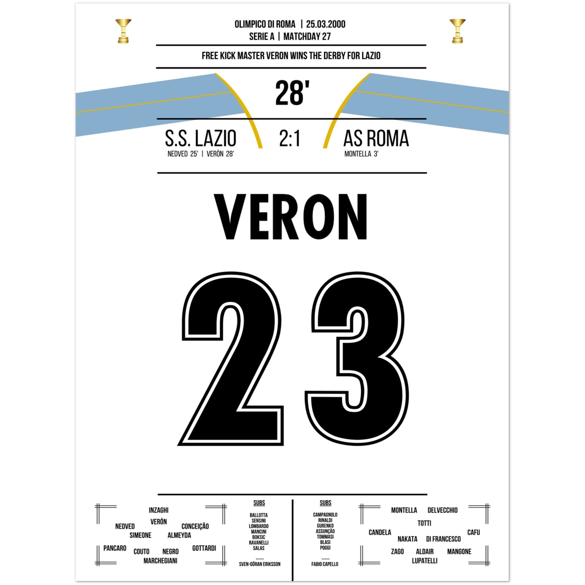 Veron's Freistosstor beim Derbysieg gegen die Roma 45x60-cm-18x24-Ohne-Rahmen