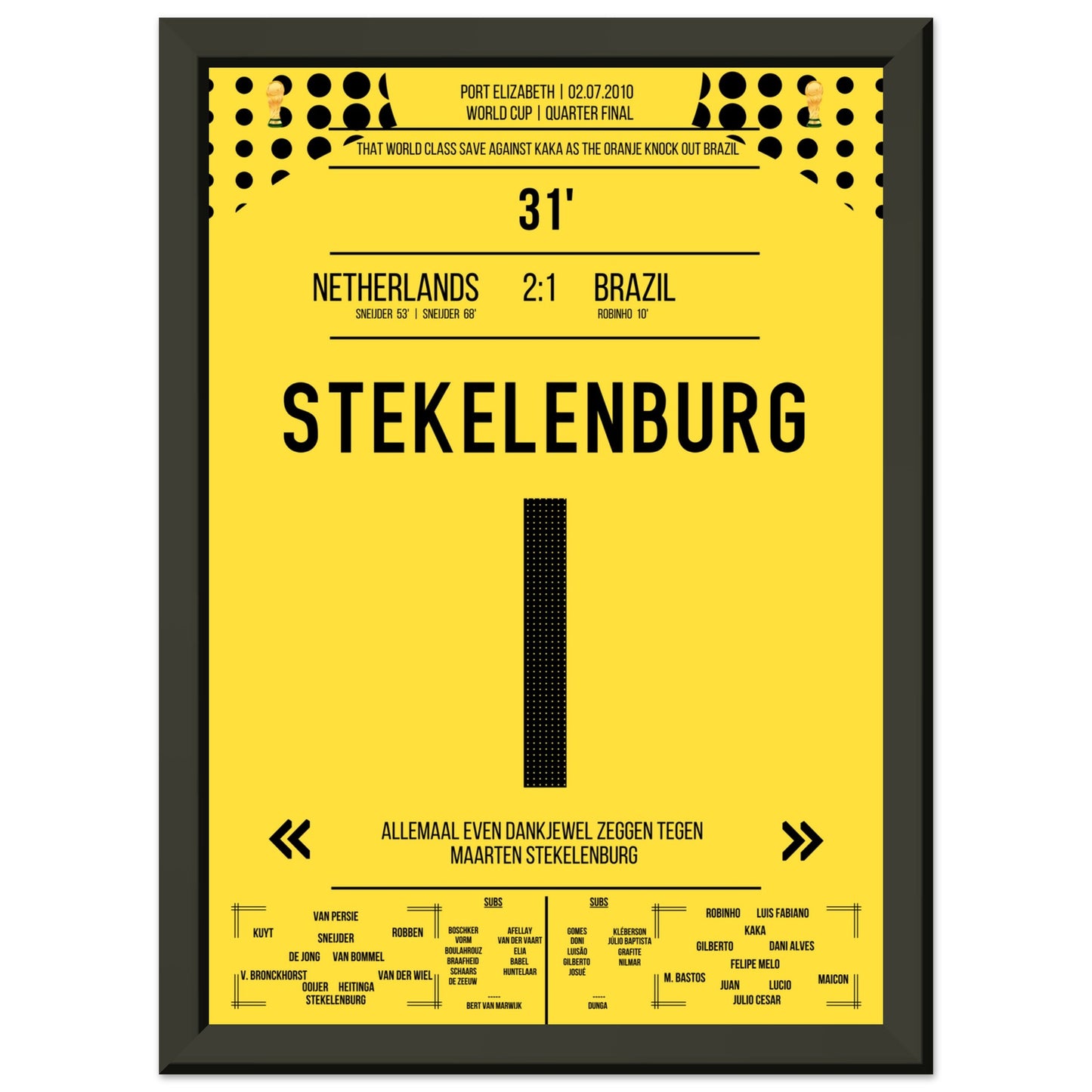 Stekelenburg's Weltklasse Aktion gegen Kaka bei der WM 2010 Kommentar-Version A4-21x29.7-cm-8x12-Schwarzer-Aluminiumrahmen