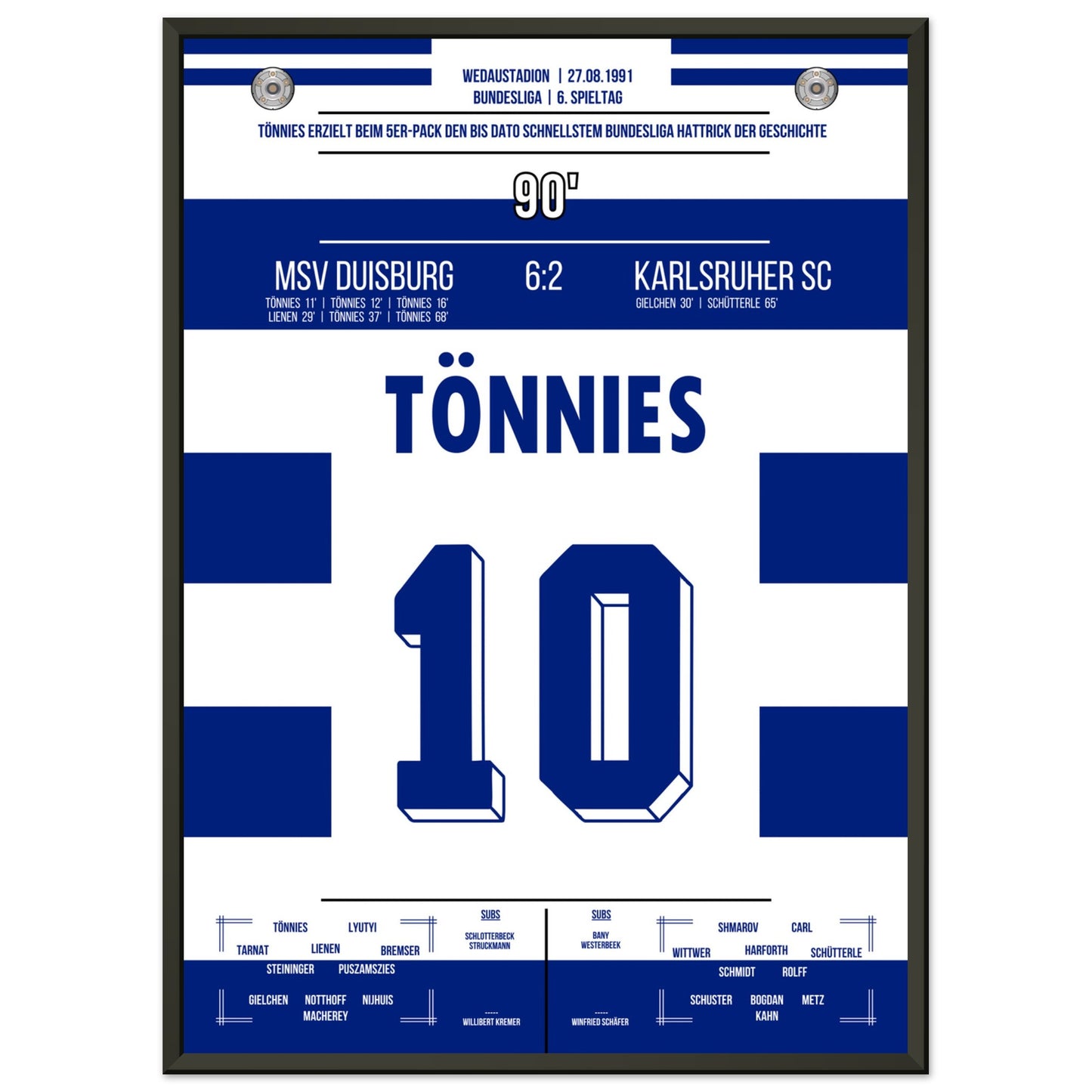 Tönnies Rekord-Hattrick bei 5-Tore Galavorstellung gegen den KSC in 1991 50x70-cm-20x28-Schwarzer-Aluminiumrahmen