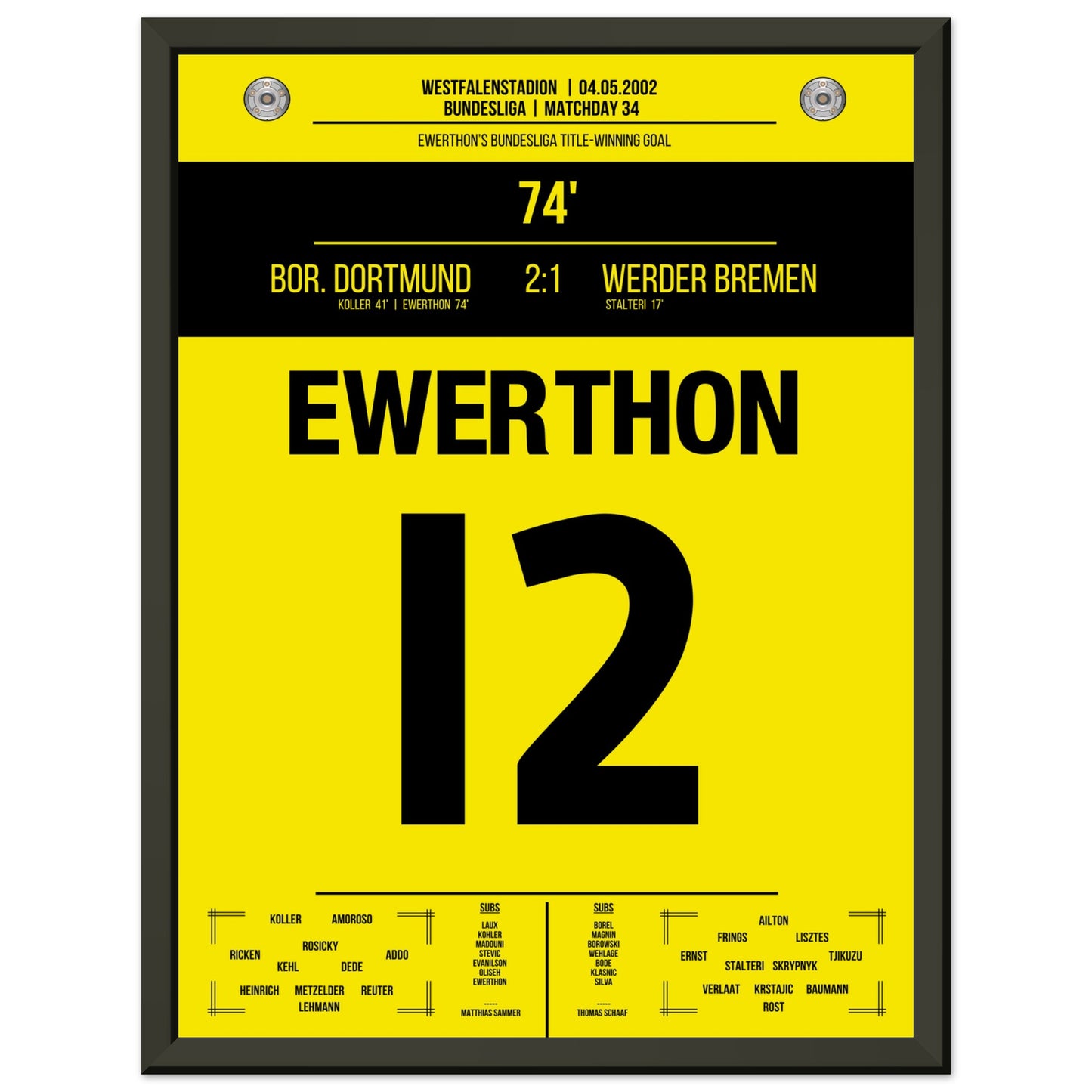 Ewerthon's Tor zu Dortmunds Meisterschaft 2002 30x40-cm-12x16-Schwarzer-Aluminiumrahmen
