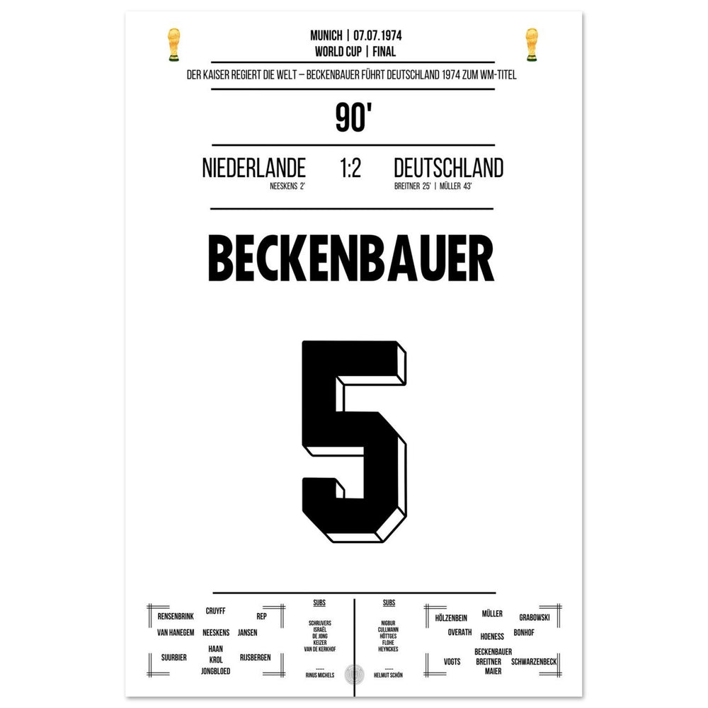 Beckenbauer leads Germany to their second World Cup title in 1974.